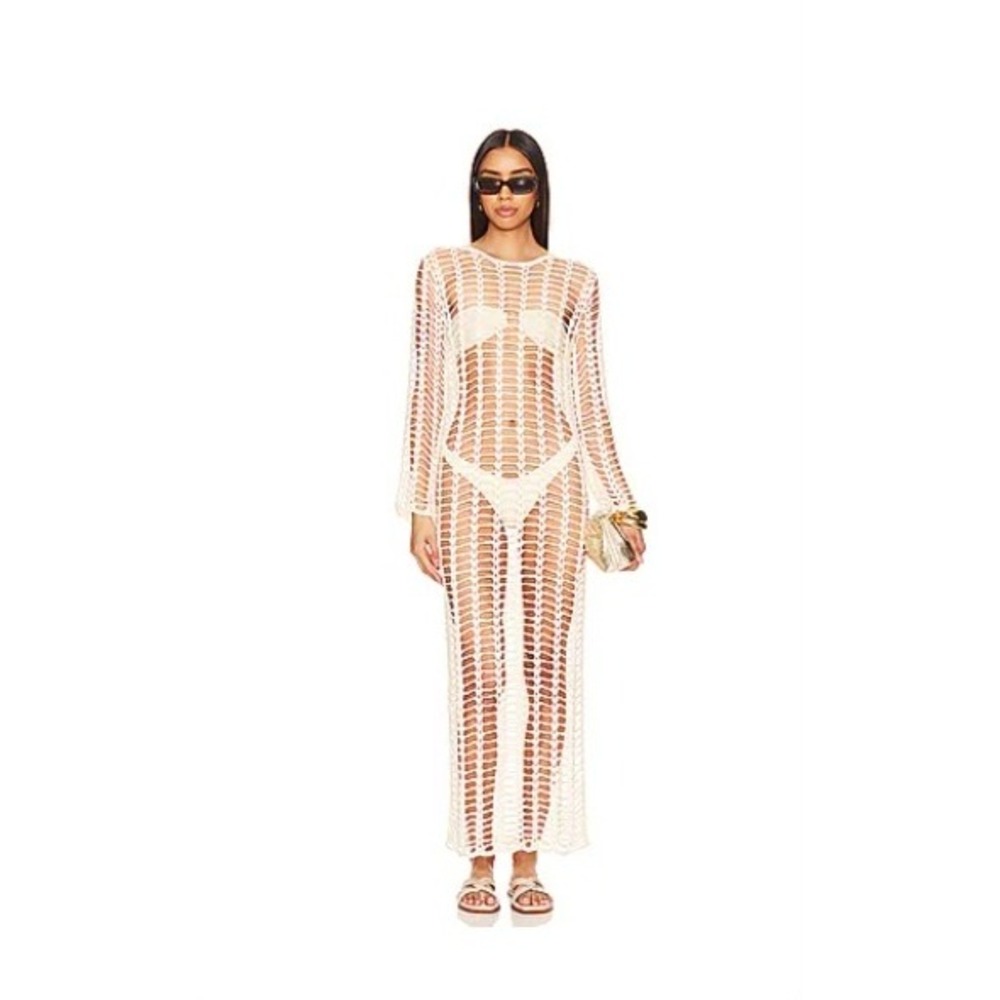 superdown Miranda Natural Crochet Maxi Dress Long Sleeve Beach Cover Up XS New